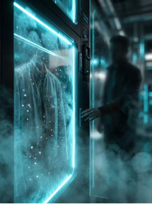 Close-up of the two CN-200 chambers: glass, turquoise LED lighting, items inside