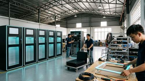 The Clear Nano workshop in Ho Chi Minh City: assembled CN-200 bodies and the assembly team