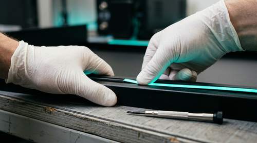 Gloved hands fitting an LED strip into a CN-200 body