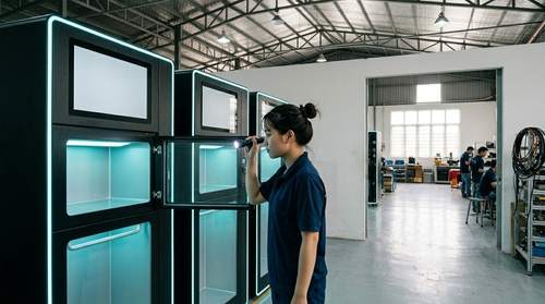 A technician checking a chamber of an assembled CN-200 with a torch