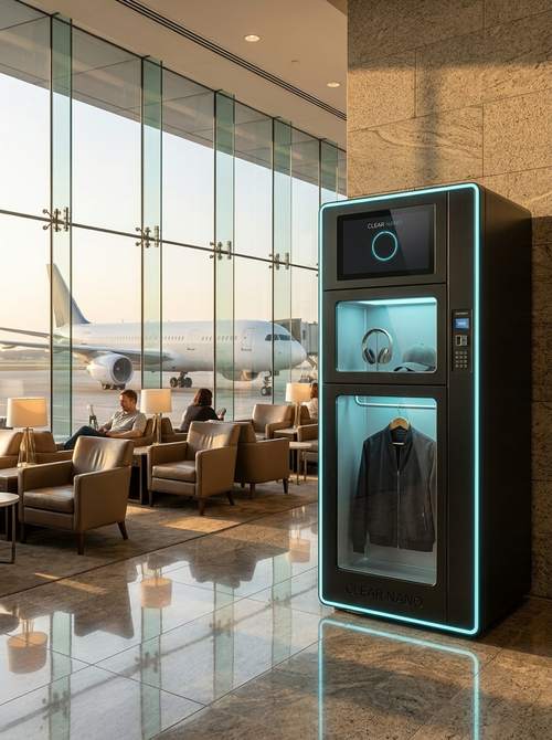 CN-200 in an airport business lounge: headphones in the upper chamber, a jacket in the lower one
