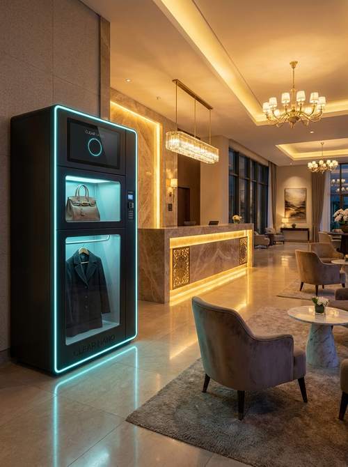 CN-200 in a hotel lobby: chandelier, reception desk, a bag and a coat in the chambers