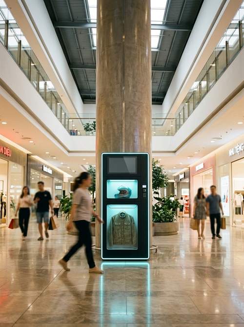 CN-200 by a column in a shopping mall as shoppers walk past