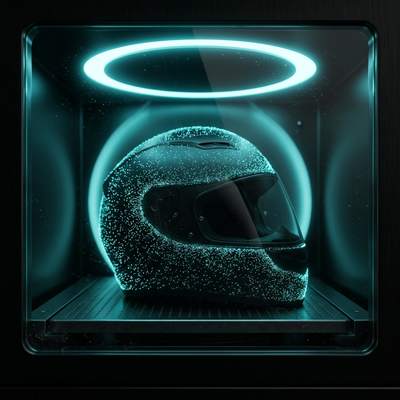 Stage 2: TiO₂ photocatalysis — microparticles settling on the helmet surface