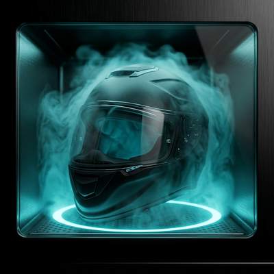 Stage 3: ozone — turquoise haze fills the sealed chamber around the helmet